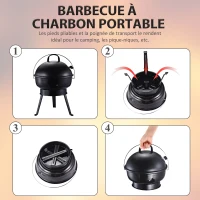 Outsunny Barbecue à charbon ronde portable barbecue de jardin résistant avec couvercle métal 36,5 x 36,5 x 54 cm noir(m-4)