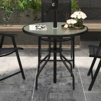 Outsunny Mesa de Jardín Redonda Mesa Comedor de Cristal Templado con Agujero para Sombrilla y Estructura Metálica para Patio Terraza Balcón Exterior Ø80x72 cm Negro(m-2)