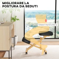 HOMCOM Sedia Ergonomica Posturale con Inginocchiatoio, Altezza Regolabile e Rotelle in Legno, Nero(m-4)