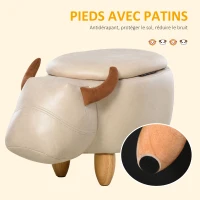 HOMCOM Tabouret Vache - Pouf Vachette - Pouf Taureau Coffre de Rangement 2 en 1 - Pieds Bois d'hévéa revêtement synthétique Aspect Crème(m-6)