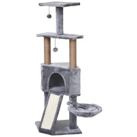PawHut Kratzbaum mit Haus, 2 Plattformen, 5 Kratzstämme, Leiter, Liege, Plüschbezug, Grau 40 x 40 x 124cm(m-10)