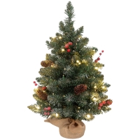 HOMCOM Weihnachtsbaum mit LED-Beleuchtung, 60 cm, Tannenzapfen und rote Beeren, inkl. Ständer, Grün/Weiß