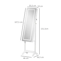 HOMCOM Armario de Joyería con Tira de Luces LED Cerradura Magnética y Estantes Ranuras para Anillos 46x36,5x151,5 cm Blanco(m-3)