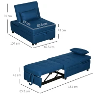 HOMCOM Convertible Chair Bed with Padding Seat, 4-in-1 Multi-Functional Sleeper Sofa Bed, Recliner with Adjustable Backrest, Side Pocket, Wheels and Pillow, for Living Room, Blue(m-3)