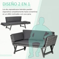 Outsunny Sofá de Ratán de 2 Plazas Convertible en Cama Individual con Reposabrazos Abatibles y Cojines Acolchados Jardín Patio Terraza 129x63x67 cm Gris(m-4)