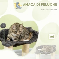 PawHut Tiragraffi per Gatti con Amaca in Peluche, Base in Legno con Gioco e Pali in Sisal, 53.55x53.5x66cm, Grigio(m-5)