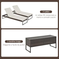Outsunny 3pz Componibile 2 Lettino Prendisole da Giardino (60 x 195 x 86cm) e 1 Tavolino (121 x 40 x 50cm) Rattan con Materassini, Marrone e Bianco Crema(m-4)