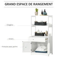 kleankin Meuble de Rangement Salle de Bain - 2 Portes, tiroir, 3 étagères - dim. 60L x 33l x 122H cm - MDF Blanc(m-5)