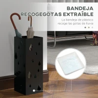 HOMCOM Paragüero Negro Paragüero de Acero con 4 Ganchos y Bandeja de Goteo Extraíble para Pasillo Entrada 15,5x15,5x41 cm(m-5)