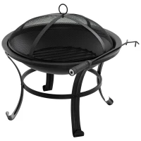 Outsunny Brasero Exterior de Metal Ø56 cm Cuenco de Fuego de Jardín con Tapa Protectora contra Chispas y Atizador para Hogueras Leñas Terraza Camping Fiestas Negro(m-10)