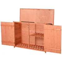 Outsunny Gartenschrank Holz Geräteschuppen mit Fachböden Gerätehaus Gartenhaus mit 3 Fächern 2 Türen Asphaltdach Massivholz Natur 128 x 49 x 80/91 cm(m-10)