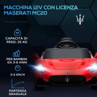 AIYAPLAY Macchina per Bambini Maserati MC20, Guida Manuale, Telecomando e Fari LED, Età 3-6 Anni, Rosso(m-4)
