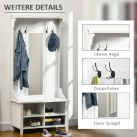 HOMCOM Garderobenständer mit Sitzbank Garderobenset Flurgaderobe 3-in-1 mit Schuhschrank Wandspiegel 4 Haken Weiß 80 x 40 x 170 cm(m-6)