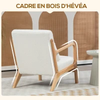 HOMCOM Fauteuil lounge - 3 coussins inclus - assise profonde - accoudoirs - structure bois hévéa - aspect velours crème(m-5)