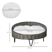 PawHut Cama para Perros Gatos de Mimbre Redonda Cesta Ratán para Mascotas Pequeños con Cojín Lavable y Patas Elevadas de Acero Ø60x32 cm Gris y Blanco(m-3)