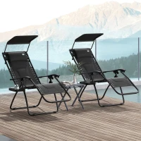 Outsunny Zero Gravity Lounger Chair Set of 2, Folding Reclining Patio Chair with Shade Cover, Padded Seat, Cup Holder, Soft Cushion and Headrest for Poolside, Camping, Black(m-2)