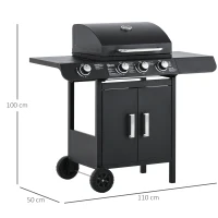 Outsunny Gasgrill mit 3 Hauptbrennern + 1 Seitenbrenner, Ablage, rostfreier Stahl, schwarz, 110 x 50 x 100 cm(m-3)