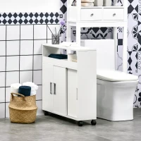 kleankin Mobiletto Bagno con Porte Scorrevoli, Ripiano Regolabile e 4 Ruote in Truciolato e Lega di Alluminio, 70x20x71cm(m-2)