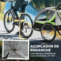 HOMCOM Remolque de Bicicleta para Niños +18 Meses 2 en 1 Cochecito de Paseo de 2 Plazas con Freno de Mano Cinturón de Seguridad Bandera y Reflectores 142x75x101 cm Verde(m-7)