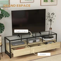 HOMCOM Meuble TV pour télévision jusqu'à 65 pouces plateau en verre trempé strucuture en acier avec 3 tiroirs 148 x 40 x 47 cm(m-4)
