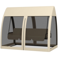 Outsunny Dondolo da Giardino a 3 Posti, 2 in 1 Convertibile in Letto con Cuscini e Zanzariera, 240x140x197 cm, Caffè