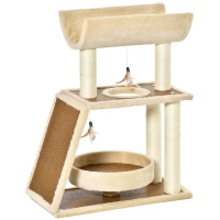 PawHut Árbol Rascador para Gatos 60x30x76 cm con Cama de Lino Postes Rascadores de Sisal Natural Plataforma Tipo Túnel Rampa y Juguetes Colgantes Beige y Marrón(m-10)