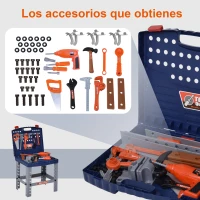 HOMCOM Banco de Herramientas para Niños +3 Años con 68 Piezas Desmontable Portátil Juego de Imitación con Maletín de Herramientas Taladro Martillo 40x43x72 cm Azul y Gris(m-4)