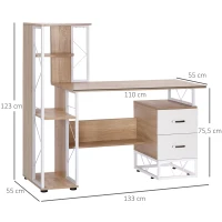 HOMCOM Escritorio con Estantería Librería Mesa de Ordenador PC con Superficie de 110 cm 2 Cajones y Múltiples Estantes para Oficina Estudio Despacho 133x55x123 cm Roble(m-3)