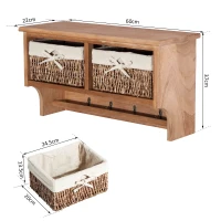 HOMCOM Entryway Coat Rack Wall Mounted Shelf w/ 2 Corn Husk Baskets and Hooks, Brown(m-3)