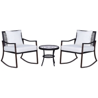 Outsunny Rattan Bistro Set, 3 Pieces Wicker Garden Furniture Set with Rocking Chairs and Round Glass Top Coffee Table, Small Balcony Furniture with Cushions for Outdoor, Porch, Brown