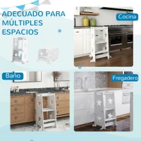 AIYAPLAY Torre de Aprendizaje 2 en 1 Convertible en Mesa y Silla con Barra de Seguridad 60x44,5x86 cm Blanco(m-7)
