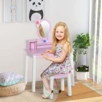 HOMCOM Coiffeuse Enfant Table de Maquillage avec Tabouret, 1 tiroir, Miroir 59 x 39 x 92 cm Bois Rose(m-2)