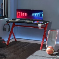 HOMCOM RGB Gaming Desk Computer Table Metal Frame with LED Light, Cup Holder, Headphone Hook, Cable Hole, Red(m-10)