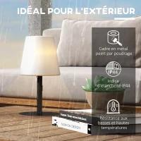 Outsunny Lampe de table à LED sans fil avec batterie rechargeable, USB, luminosité réglable, IP44, idéal pour extérieur ou intérieur(m-6)