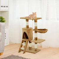 PawHut Árbol para gatos Rascador 55x30x95 cm con Nido Plataforma Caseta Escalera Cuerda de Juego Tablero de Madera y Cubierto de Felpa Marrón(m-2)