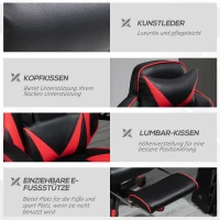 Vinsetto Ergonomischer Bürostuhl, Gaming Stuhl, Drehstuhl mit einziehbare Fußstütze und verstellbarer Rücken Schaumstoff+PU-Leder+Metall, Schwarz+Rot, 65 x 70 x 118,5-128,5 cm(m-8)