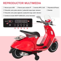 HOMCOM Moto de Batería Autorizada de VESPA con Faros Música 2 Ruedas Auxiliares 108x49x75 cm Rojo(m-6)