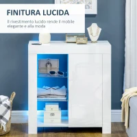 HOMCOM Mobiletto da Salotto Bianco in Truciolato e Metallo con Luci LED Blu, 3 Ripiani Aperti e Armadietto, 75x35x82 cm(m-4)