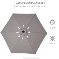 Outsunny Parasol de jardin Parasol droit Ø 2,7 m lumineux hexagonal inclinable parasol LED solaire métal polyester haute densité gris(m-6)