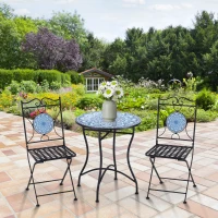 Outsunny Set da Giardino 3 Pezzi, Tavolino e 2 Sedie Pieghevoli con Mosaico, Blu(m-2)