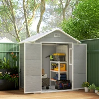 Outsunny 6 x 5ft Garden Shed, Plastic Shed with Floor, Window, Lockable Doors and Vents, Wood Effect Resin Tool Shed for Outdoor Patio, Dark Grey(m-2)