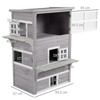 PawHut Three-Tier wooden Kitten Shelter, Outdoor Cat House, with Jumping Platforms, Asphalt Roof, Doors - Grey(m-3)