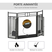 HOMCOM Pare-feu Large pour cheminée ou poêle - Pare-étincelles serviteur de cheminée 2 en 1 avec Accessoires - 3 Volets Pliables et Porte - Acier métal Noir(m-6)