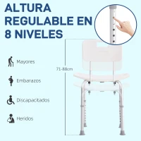 HOMCOM Silla para Ducha con Respaldo Altura Regulable y Antideslizante Carga 136 kg para Ancianos y Discapacitados(m-4)