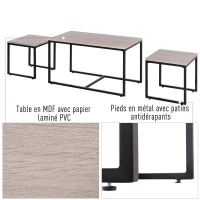 HOMCOM Lot de 3 tables basses gigognes design industriel encastrable dim. grande table 90L x 45l x 50H cm métal noir MDF chêne clair(m-5)