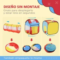HOMCOM 3 en 1 Casa de Juegos Infantil Tienda de Campaña para Niños Mayores de 3 Años Plegable con 2 Casita Tela Túnel Ventanas de Ventilación 230x70x89 cm Multicolor(m-4)