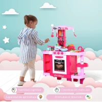 HOMCOM Cocina de Juguete para Niños Mayores de 3 Años con 38 Accesorios Luz Sonido Juegos de Rol Temprano Educativo 78x29x87 cm Rosa(m-6)