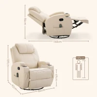 HOMCOM Poltrona Relax Elettrica Reclinabile Girevole con 2 Portabicchieri, Telecomando, Poggiapiedi e 4 Tasche Laterali, in Pelle PU, Legno e Acciaio, Crema(m-3)