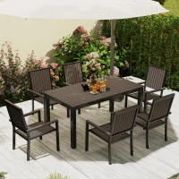 Outsunny 6 Seater Garden Dining Set with Stackable Chairs, Aluminium Frame, Rectangular Plastic Top, Garden Furniture Set, Outdoor Dining Table and Chairs for Patio, Balcony, Poolside, Brown(m-9)