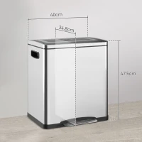 HOMCOM Bidone Immondizia a 2 Sezioni da 15L a Pedale con Coperchio Silenzioso, in Acciaio Inox e PP, 40x34.8x47.5 cm(m-3)